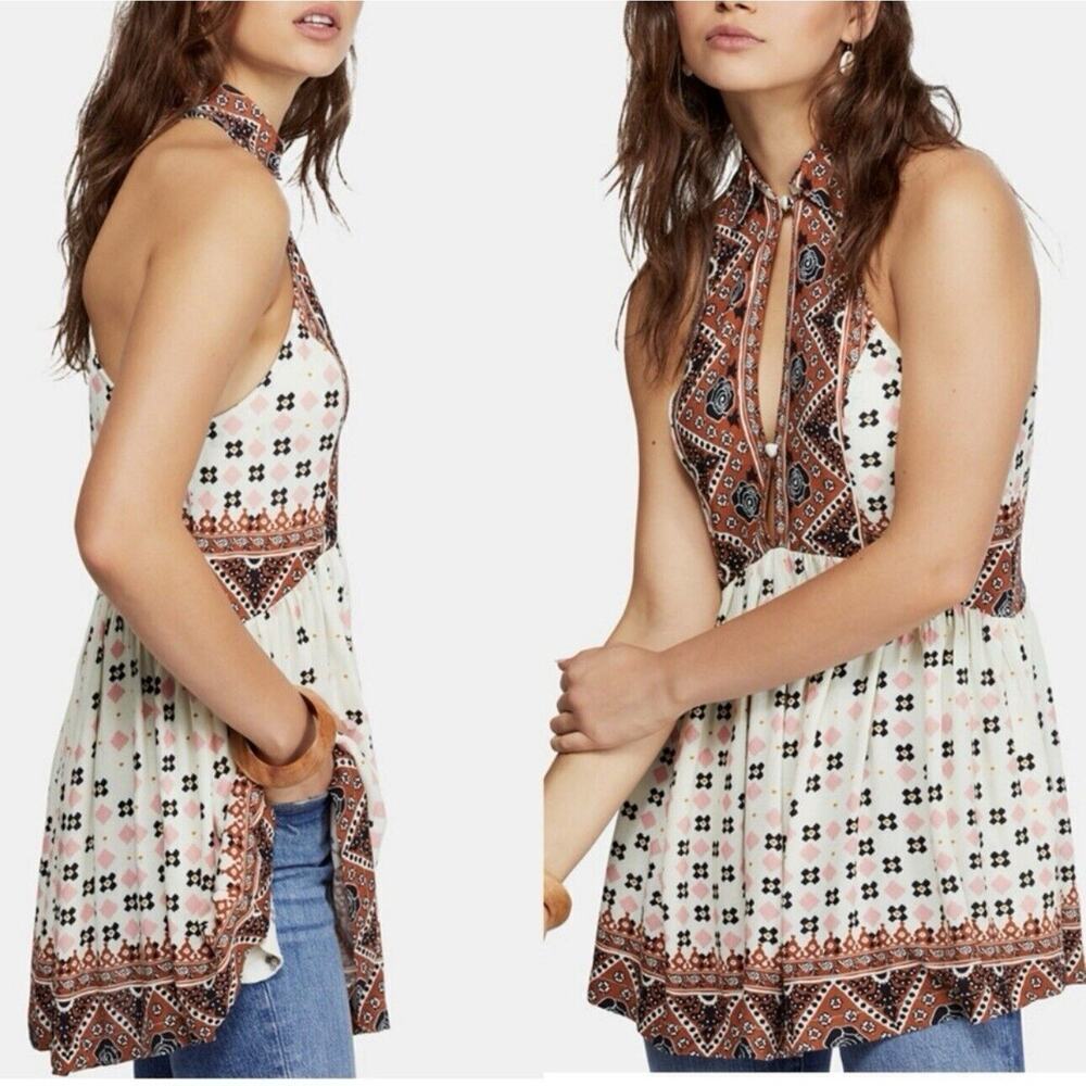 Free People Cream and Brown Boho Halter Tunic Top